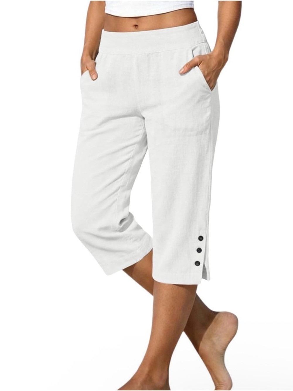 Women’s White Cropped Button-Hem Pants